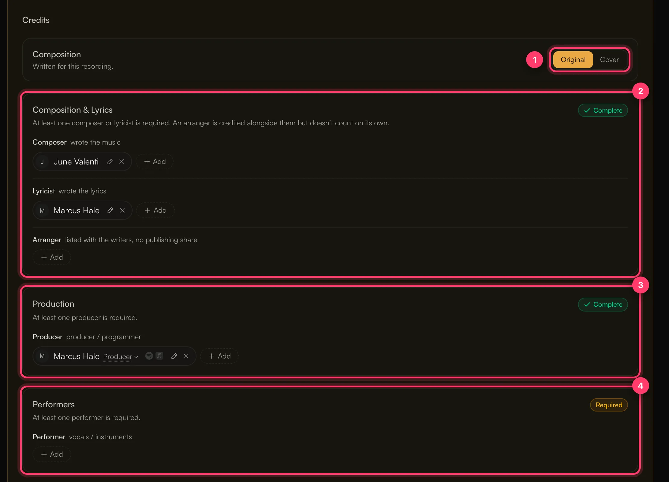 The Credits area of a track with the Original/Cover switch, Composition & Lyrics, Production and Performers