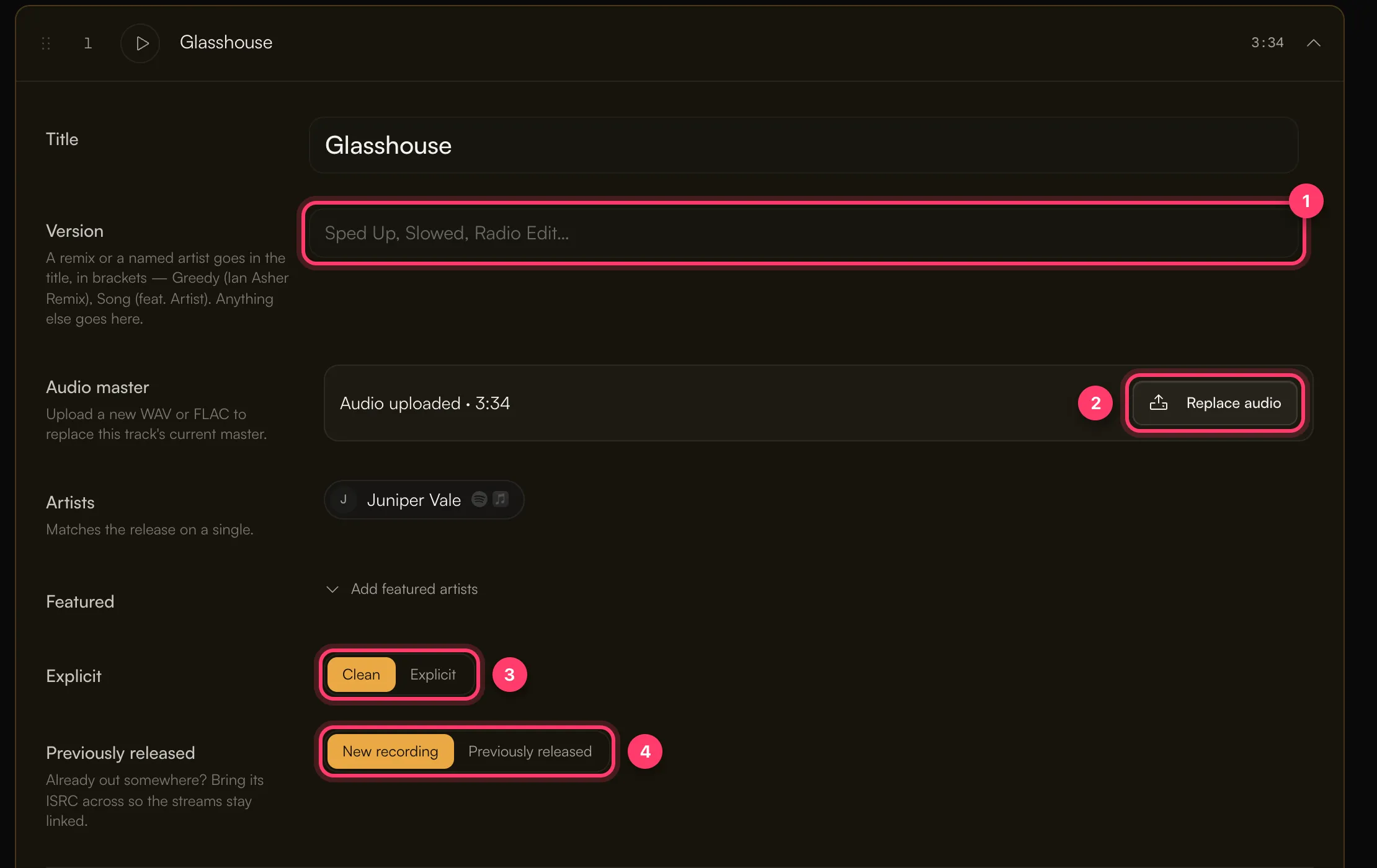 An open track showing the Version field, the Replace audio button, the Explicit switch and the Previously released switch