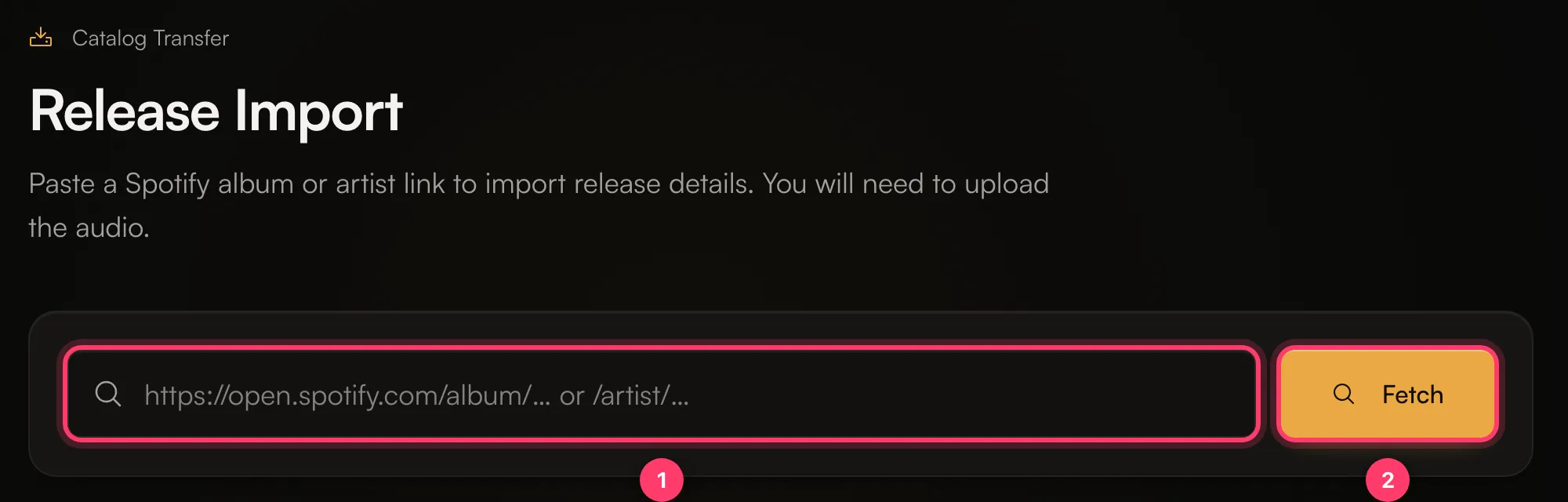 The Release Import page with the Spotify link field and the Fetch button