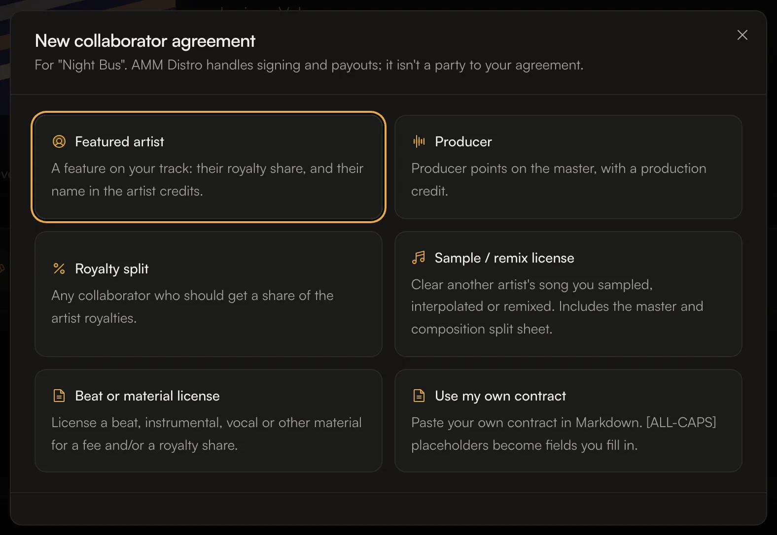 The New collaborator agreement window with the six templates