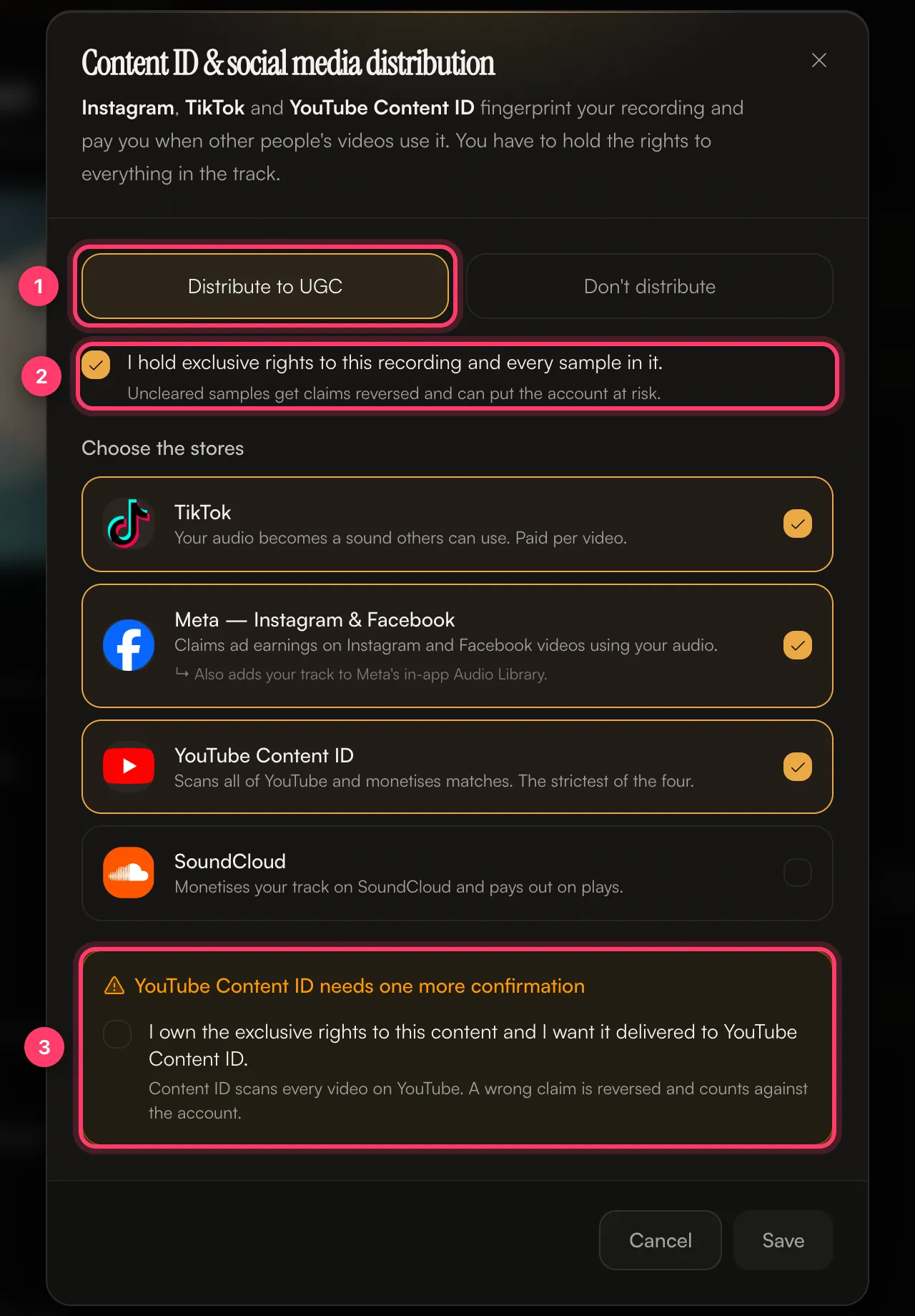 The Content ID & social media distribution dialog with Distribute to UGC, the rights confirmation and the YouTube Content ID confirmation numbered