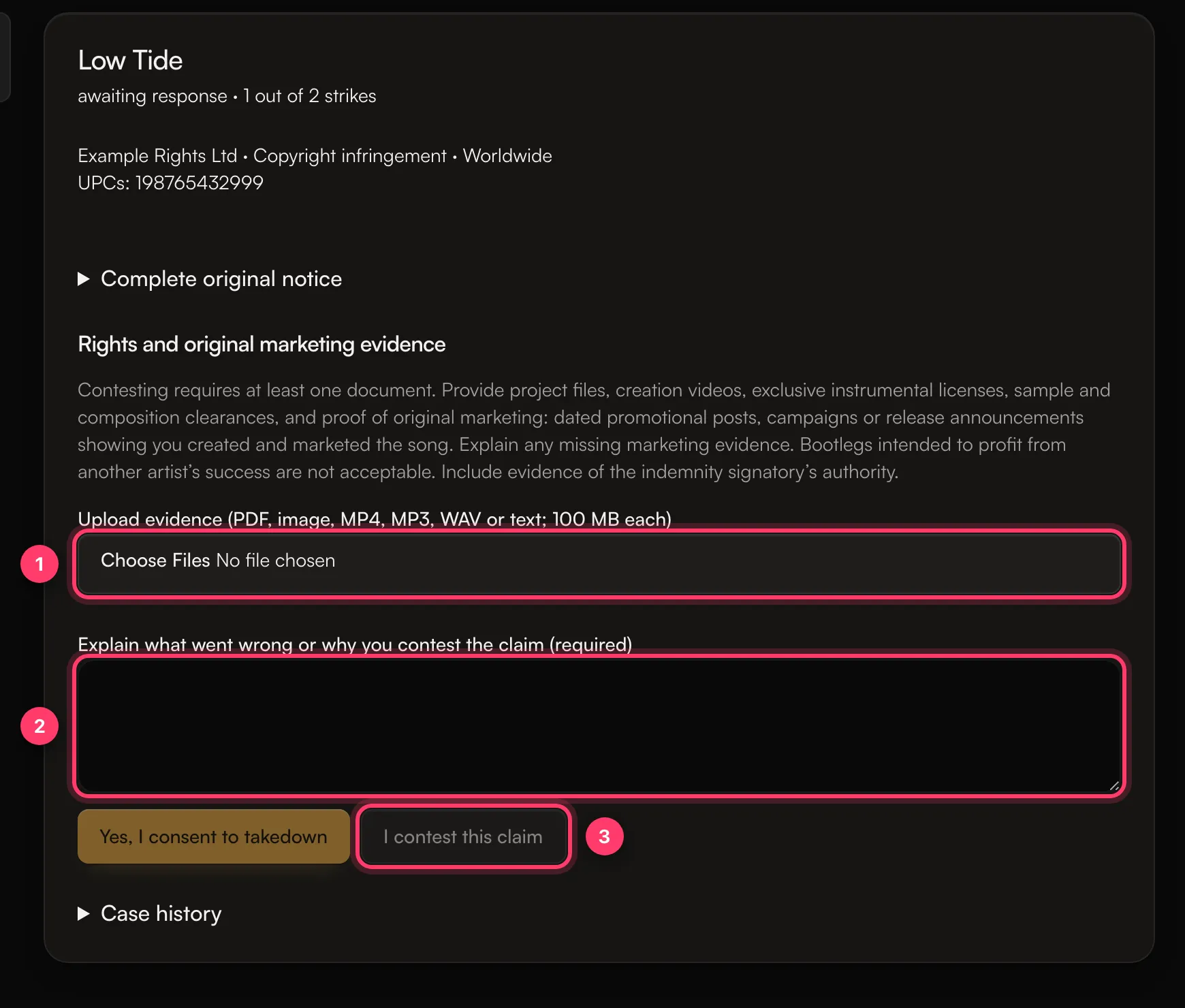 A DMCA case with the evidence upload, the explanation box and the contest button