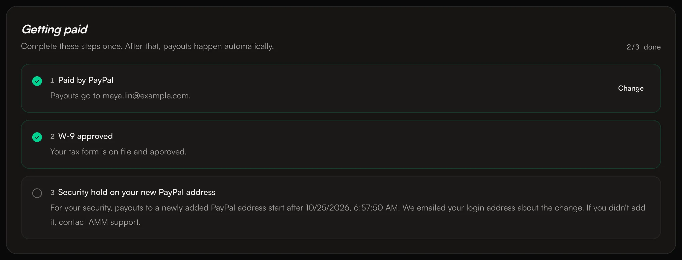The Getting paid checklist showing the security hold on a new PayPal address