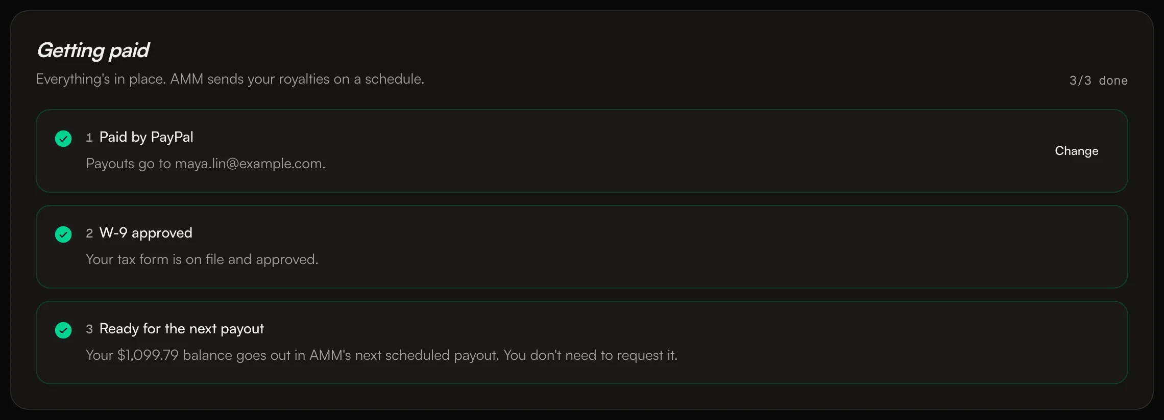 The Getting paid checklist with all three steps done and Ready for the next payout