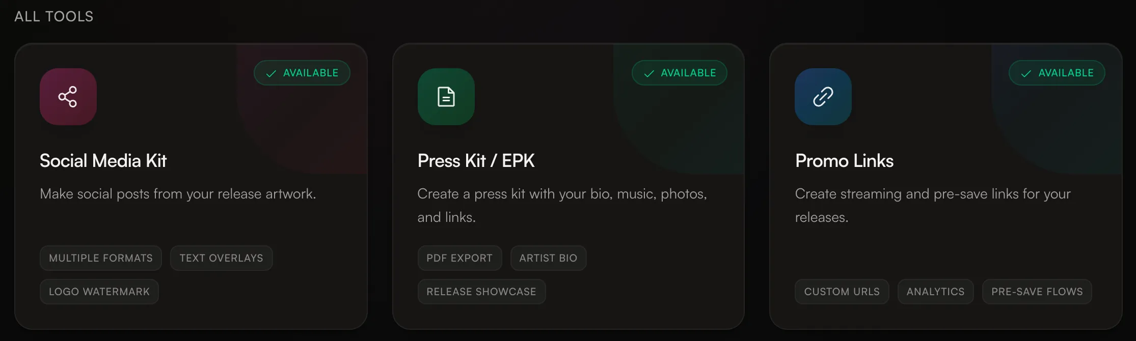 The Marketing tools page with Social Media Kit, Press Kit / EPK and Promo Links