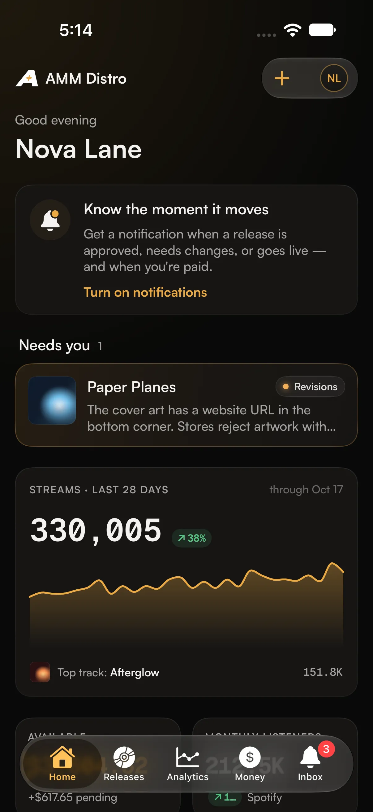 The app's Home screen with an item that needs attention and a streams chart