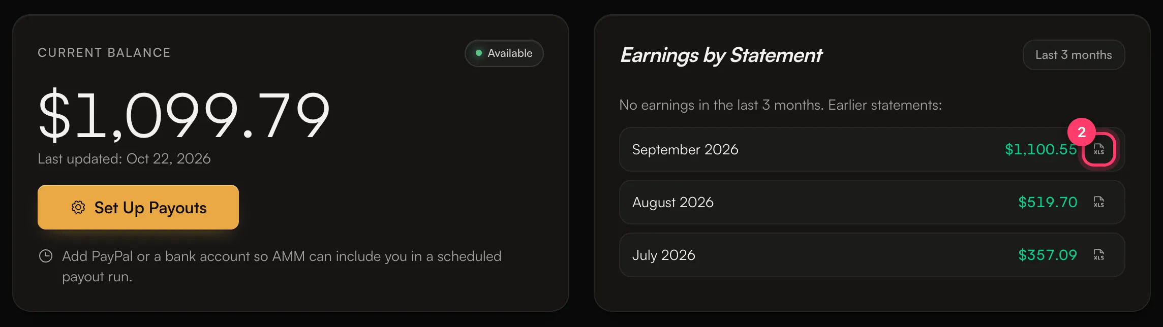 Earnings by Statement with the download icon for one month marked
