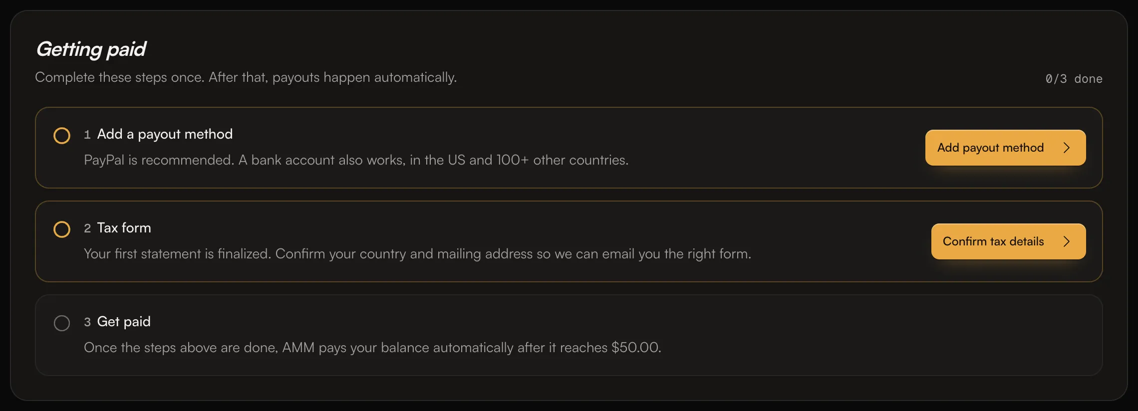 The Getting paid checklist with Add a payout method, Tax form and Get paid steps