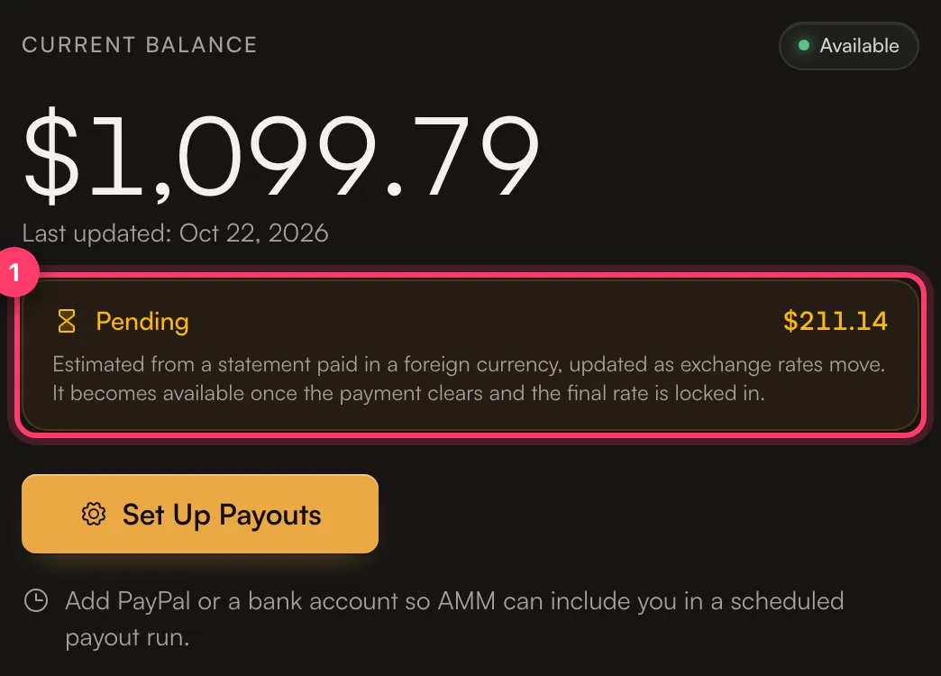 The Current Balance card with a Pending amount from a statement paid in a foreign currency