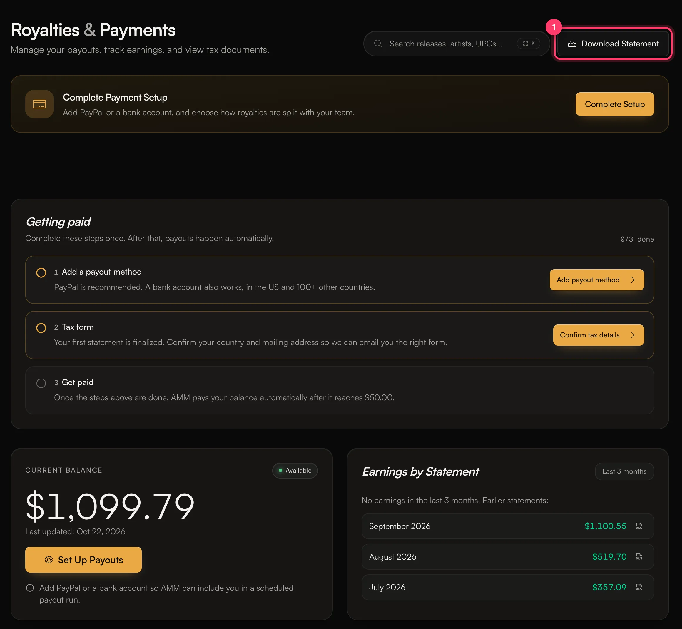 The Money page with the Getting paid checklist, Current Balance and Earnings by Statement