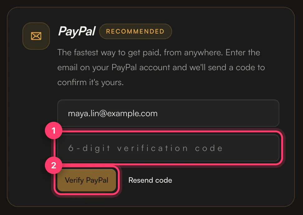 The PayPal section with the verification code field and the Verify PayPal button numbered
