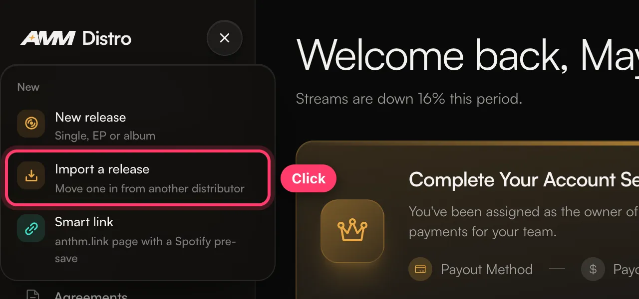The + menu with Import a release highlighted