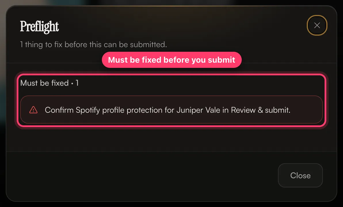 The Preflight dialog showing one item that must be fixed before submitting