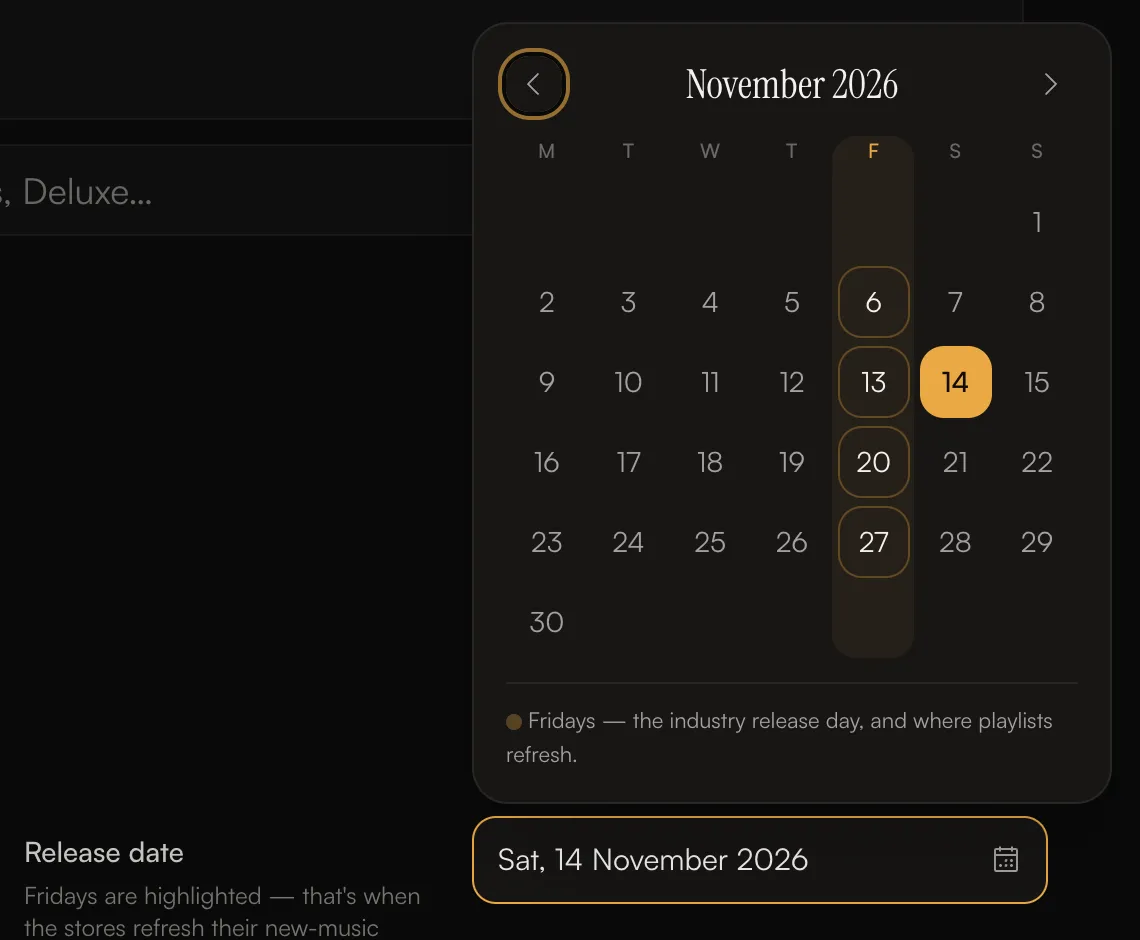 The release date calendar with Fridays highlighted