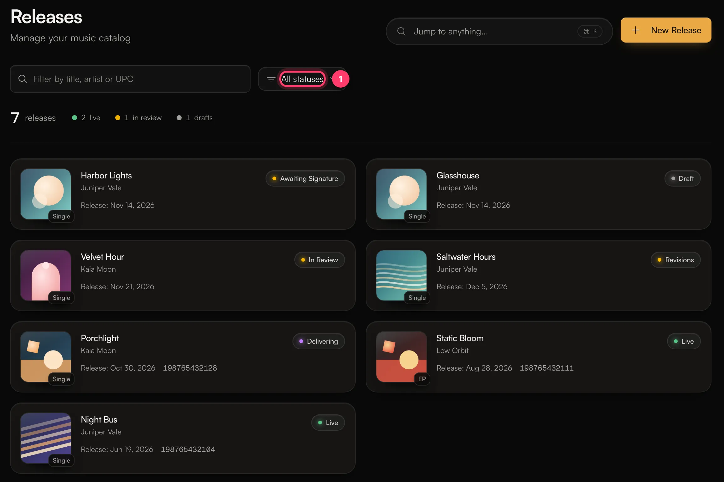 The Releases page showing releases with different status badges and the status filter