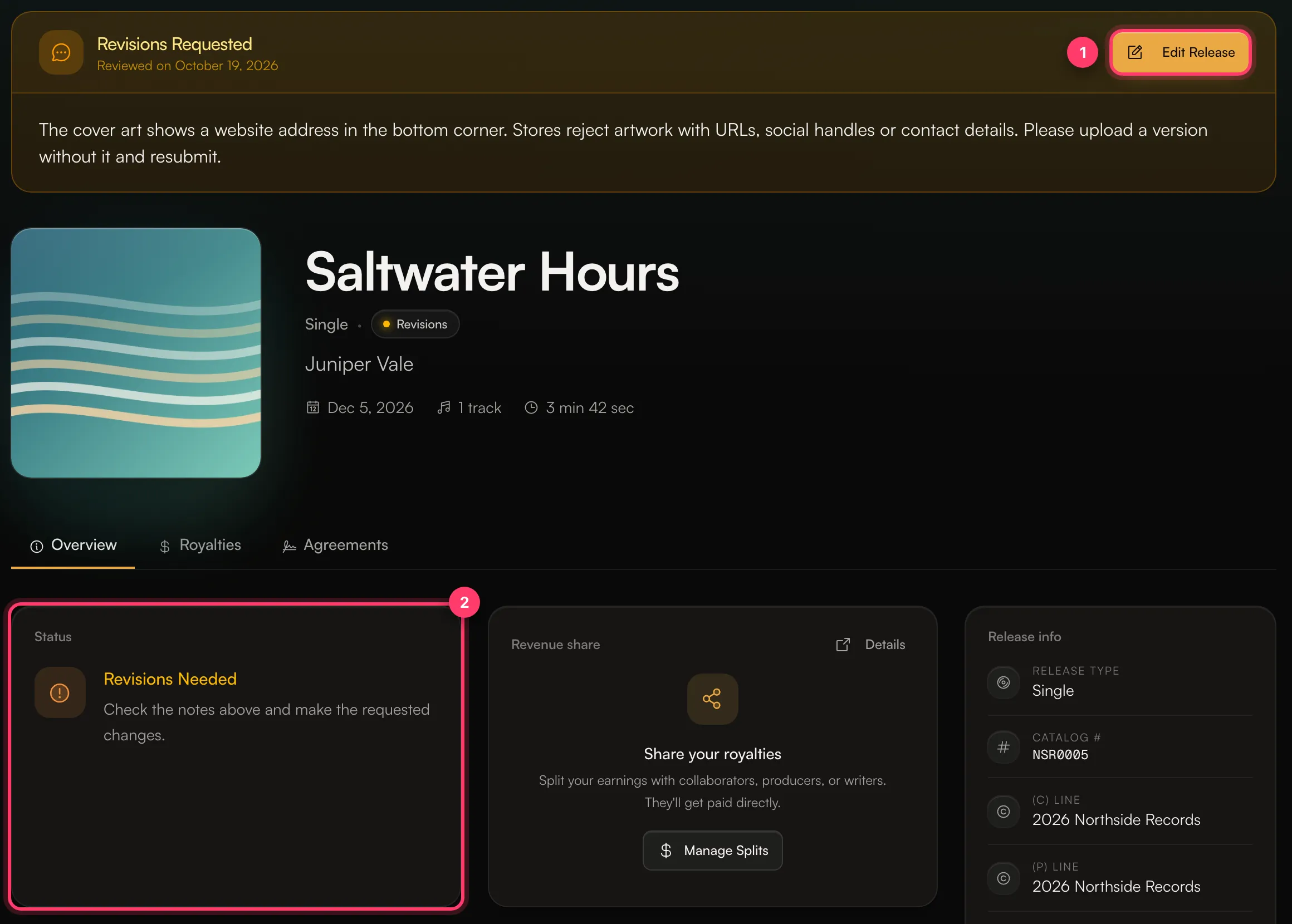A release with a Revisions Requested box, the Edit Release button and the Revisions Needed status card
