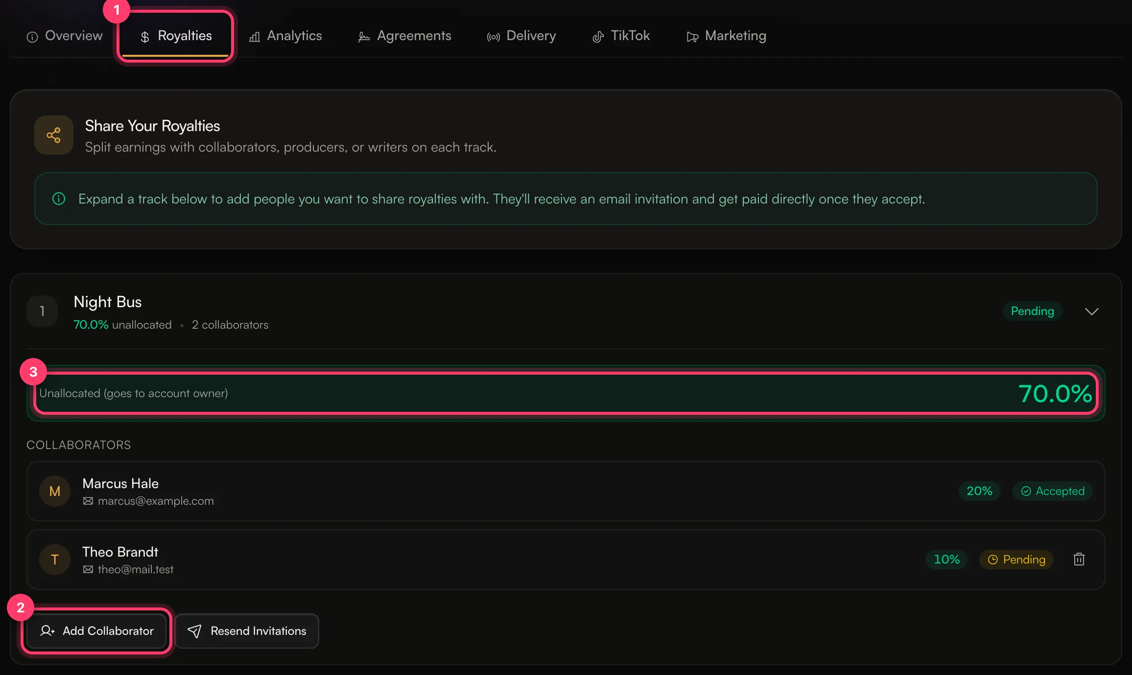 The Royalties tab with a track expanded, showing the unallocated share, two collaborators and the Add Collaborator button