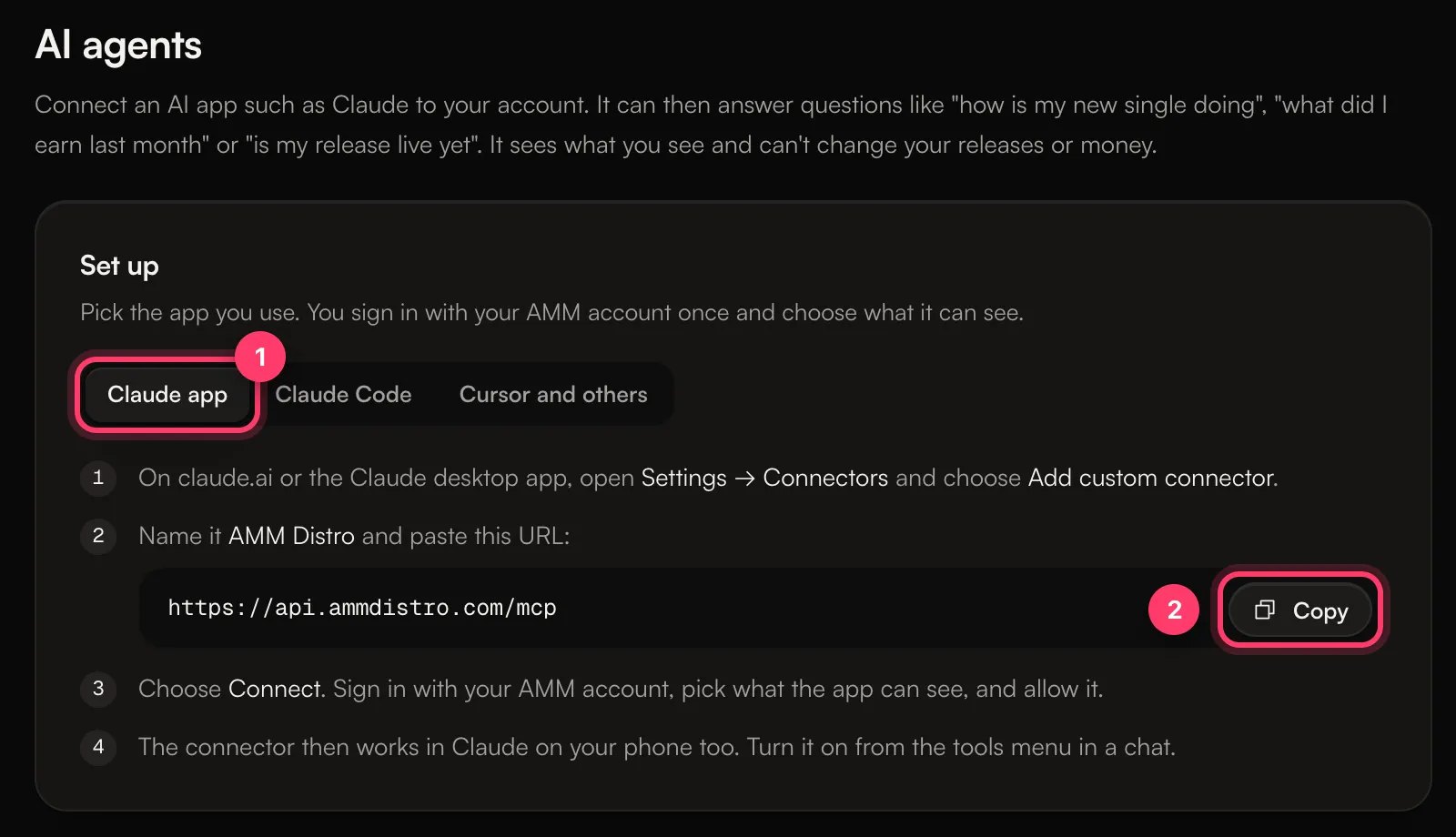The AI agents page with Claude app selected and the Copy button next to the server URL