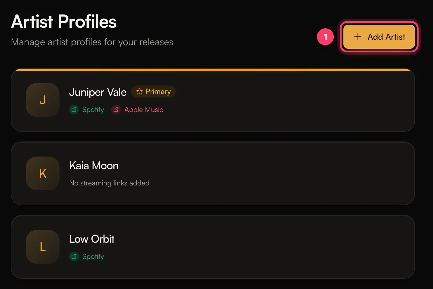 The Artist Profiles page with three artists and the Add Artist button