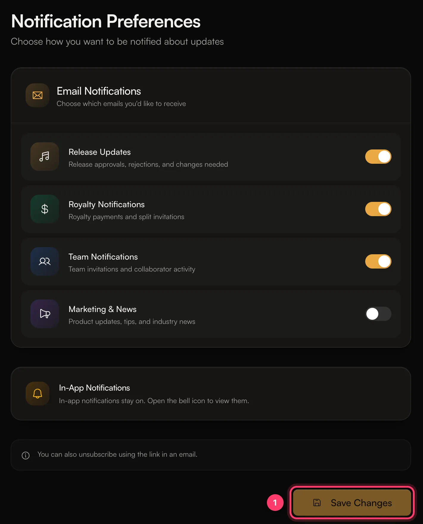 Notification Preferences with the four email types and the Save Changes button
