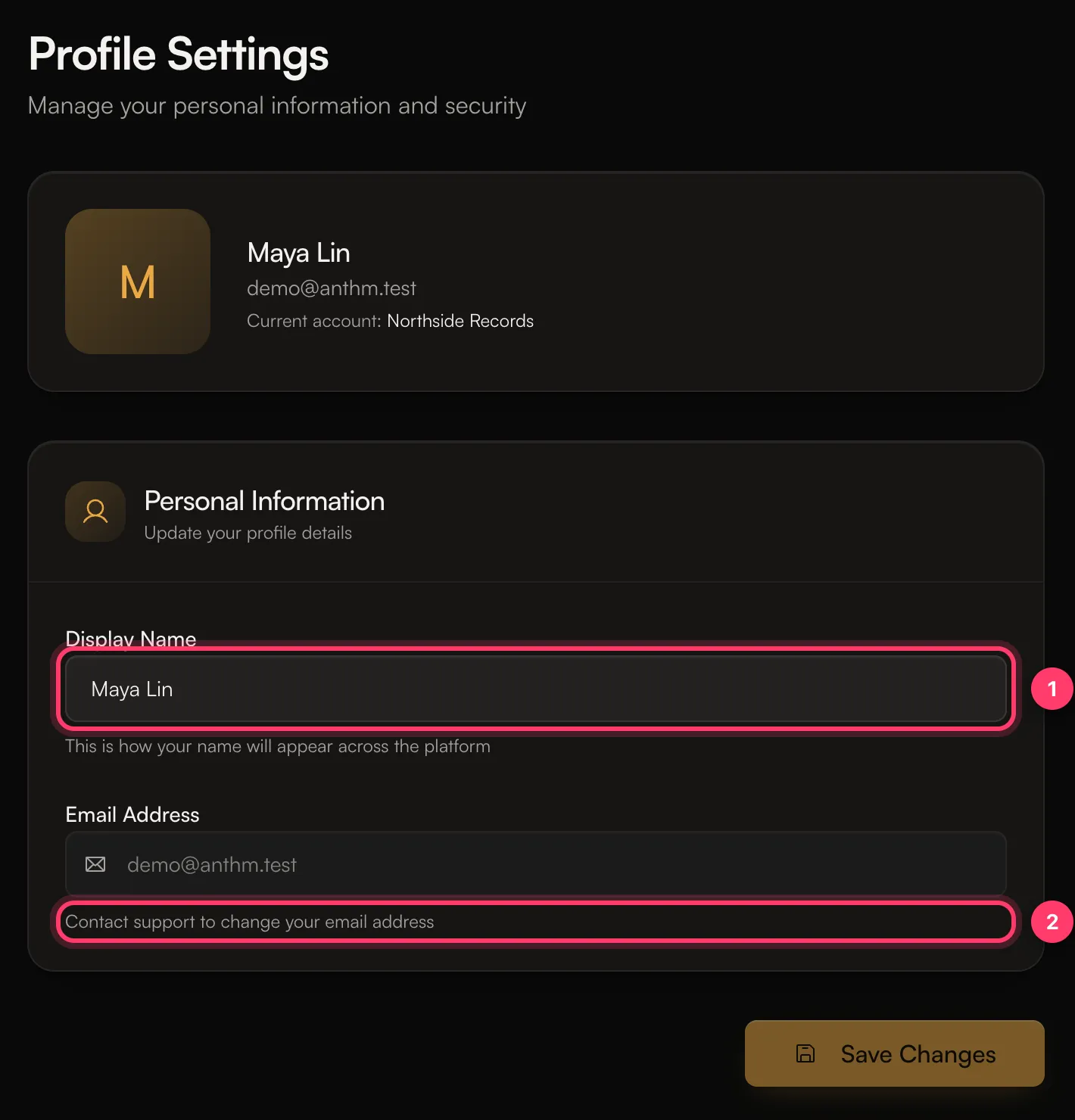 Profile Settings with the Display Name field and the note about changing your email