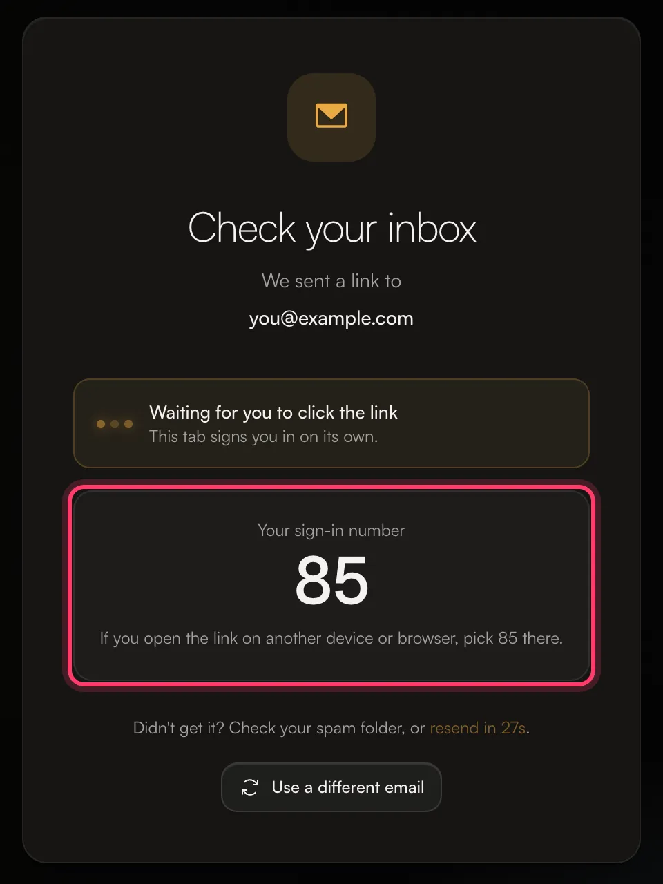 The Check your inbox screen showing a two-digit sign-in number