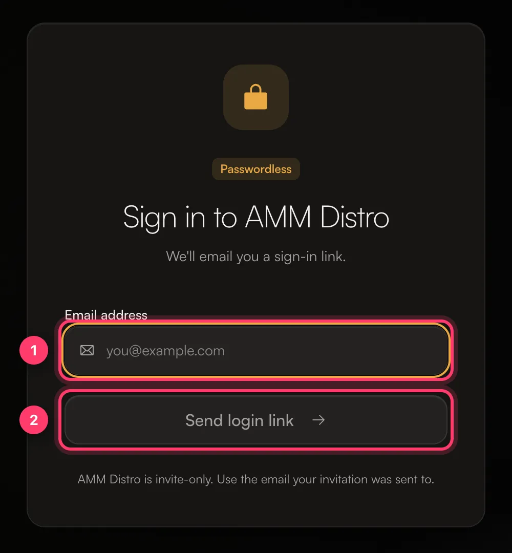 The Sign in to AMM Distro page with the email field and the Send login link button