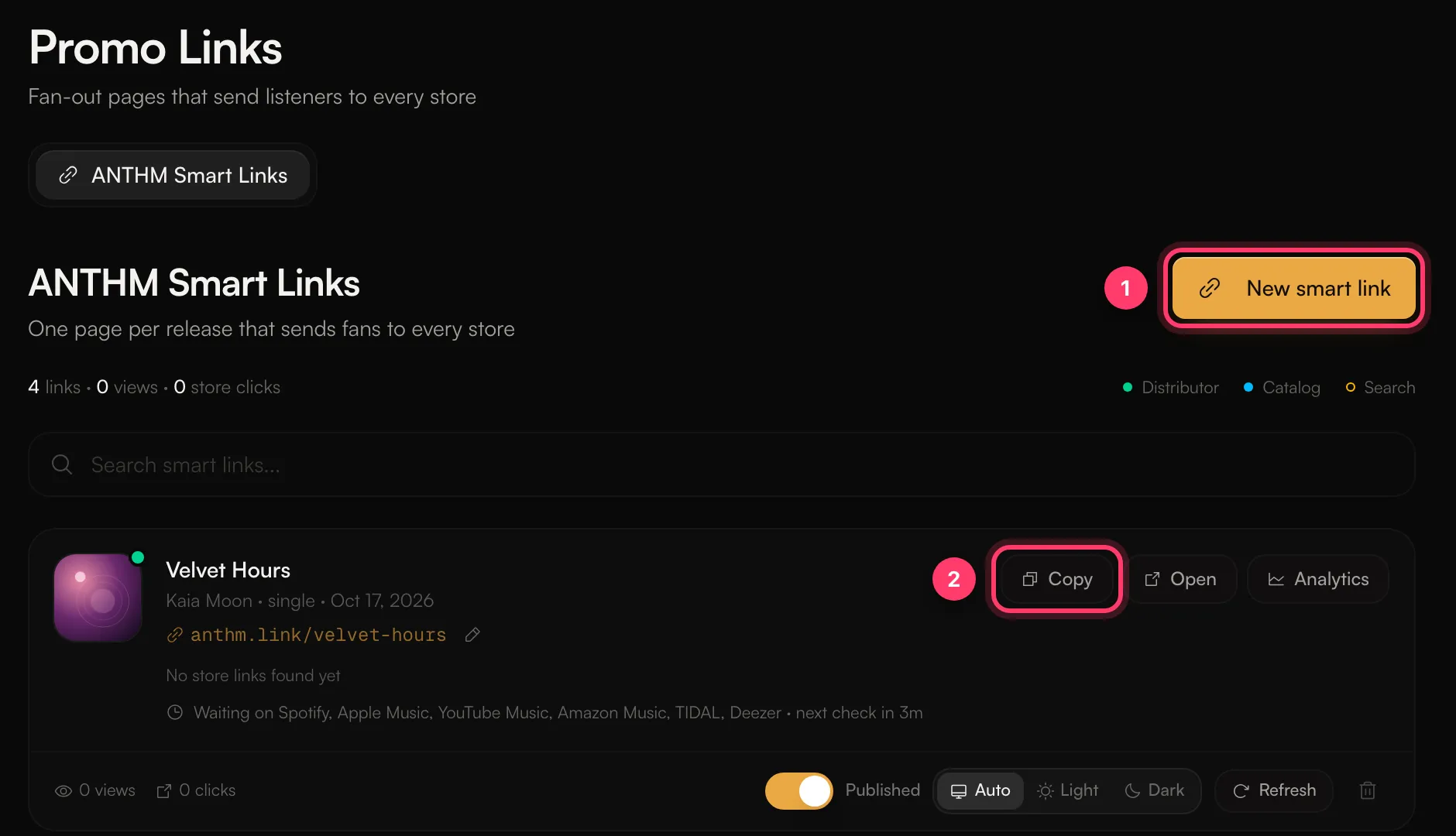 The Promo Links page with the New smart link button and the Copy button on a link