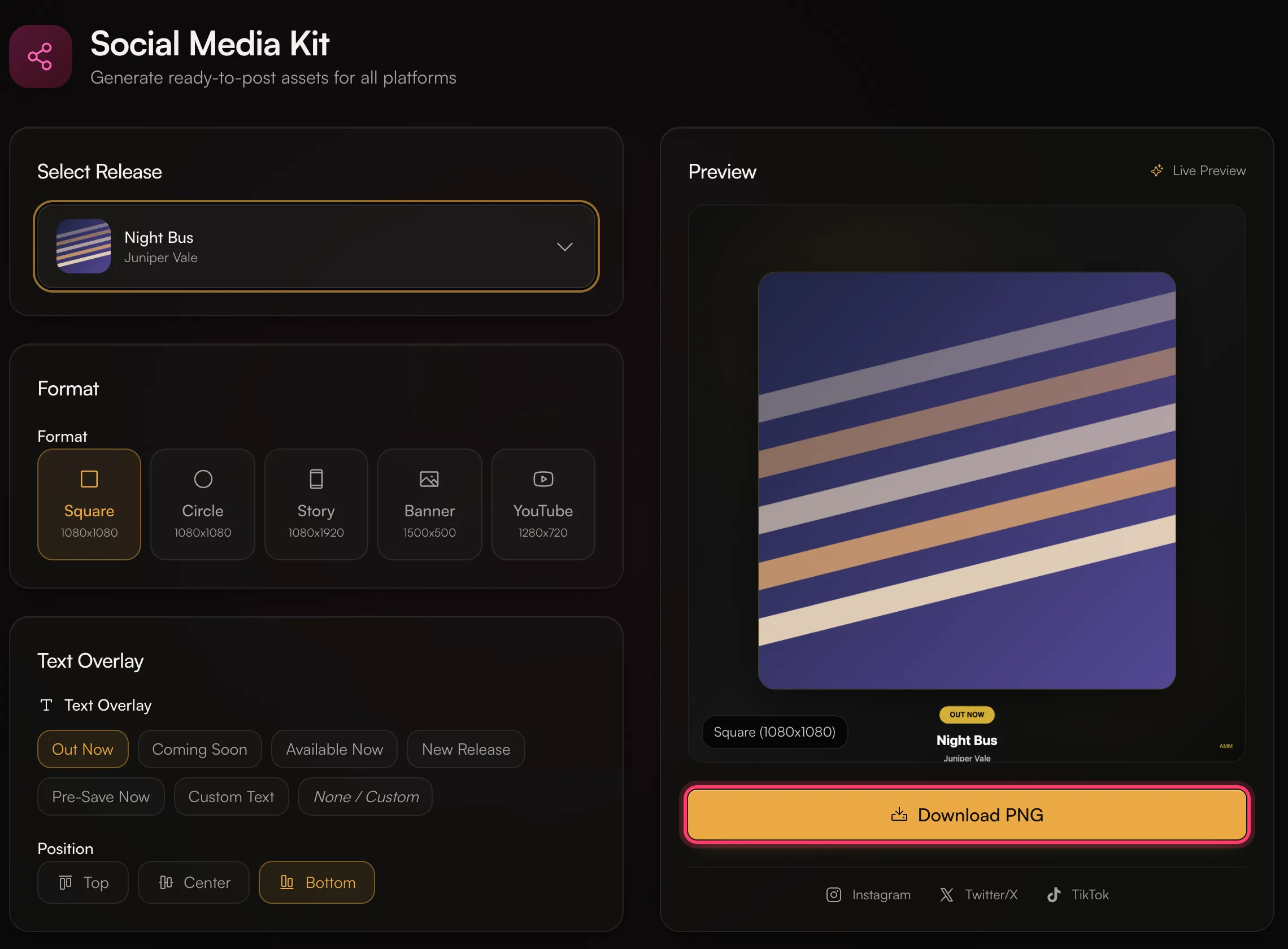 The Social Media Kit with a release selected, the format and text options, and Download PNG