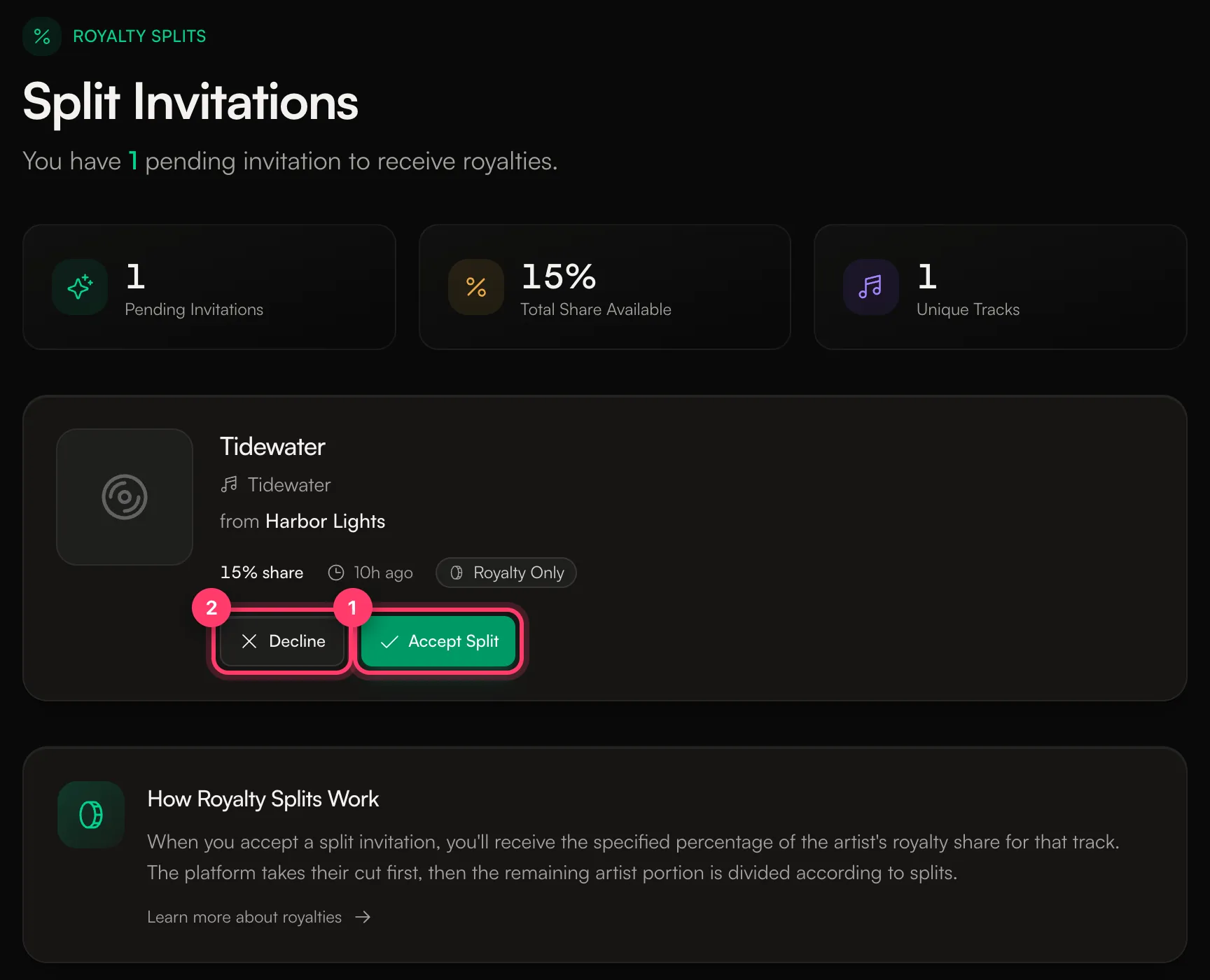 The Split Invitations page with a pending invitation and the Accept Split and Decline buttons