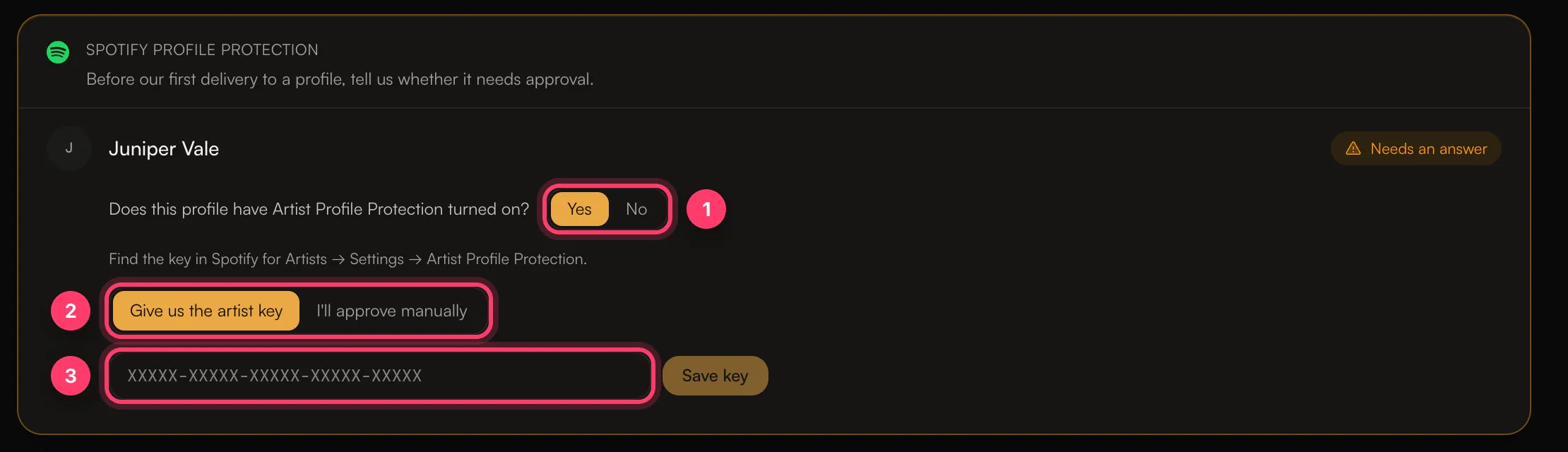 The Spotify profile protection question with Yes selected, Give us the artist key, and the key field