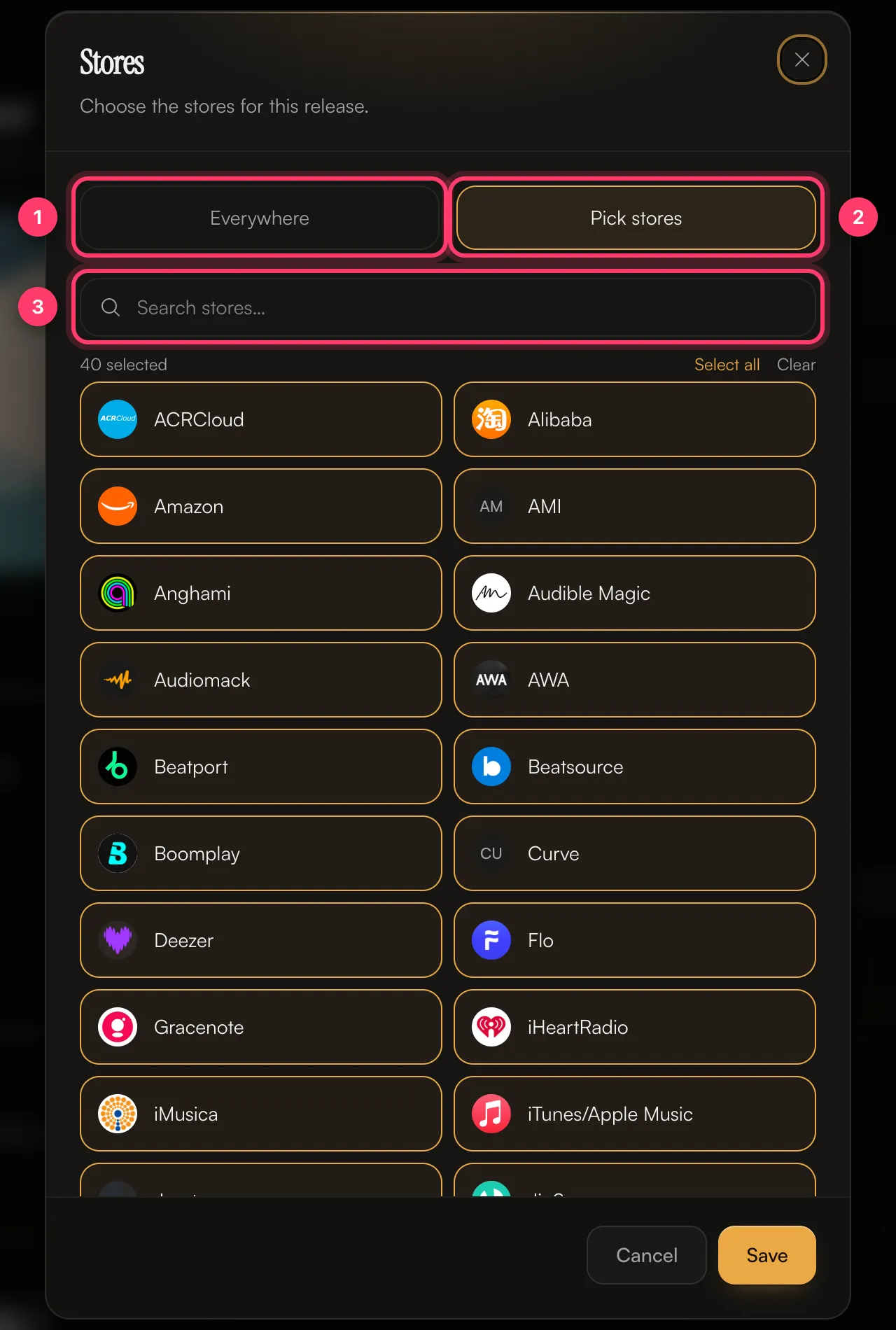The Stores dialog with Everywhere, Pick stores and the store search highlighted
