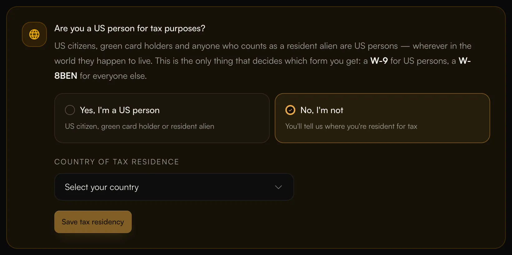 The tax residency question with Yes, I'm a US person and No, I'm not, and the country of tax residence field