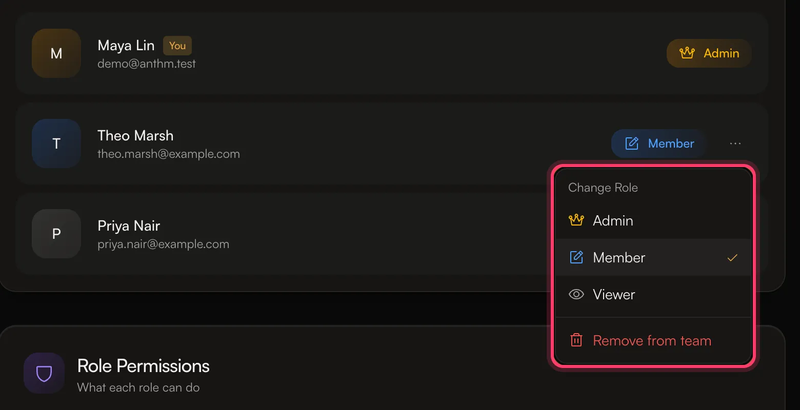 The menu for a team member with Change Role and Remove from team