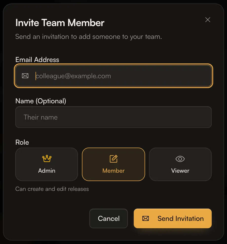 The Invite Team Member dialog with email, name and role