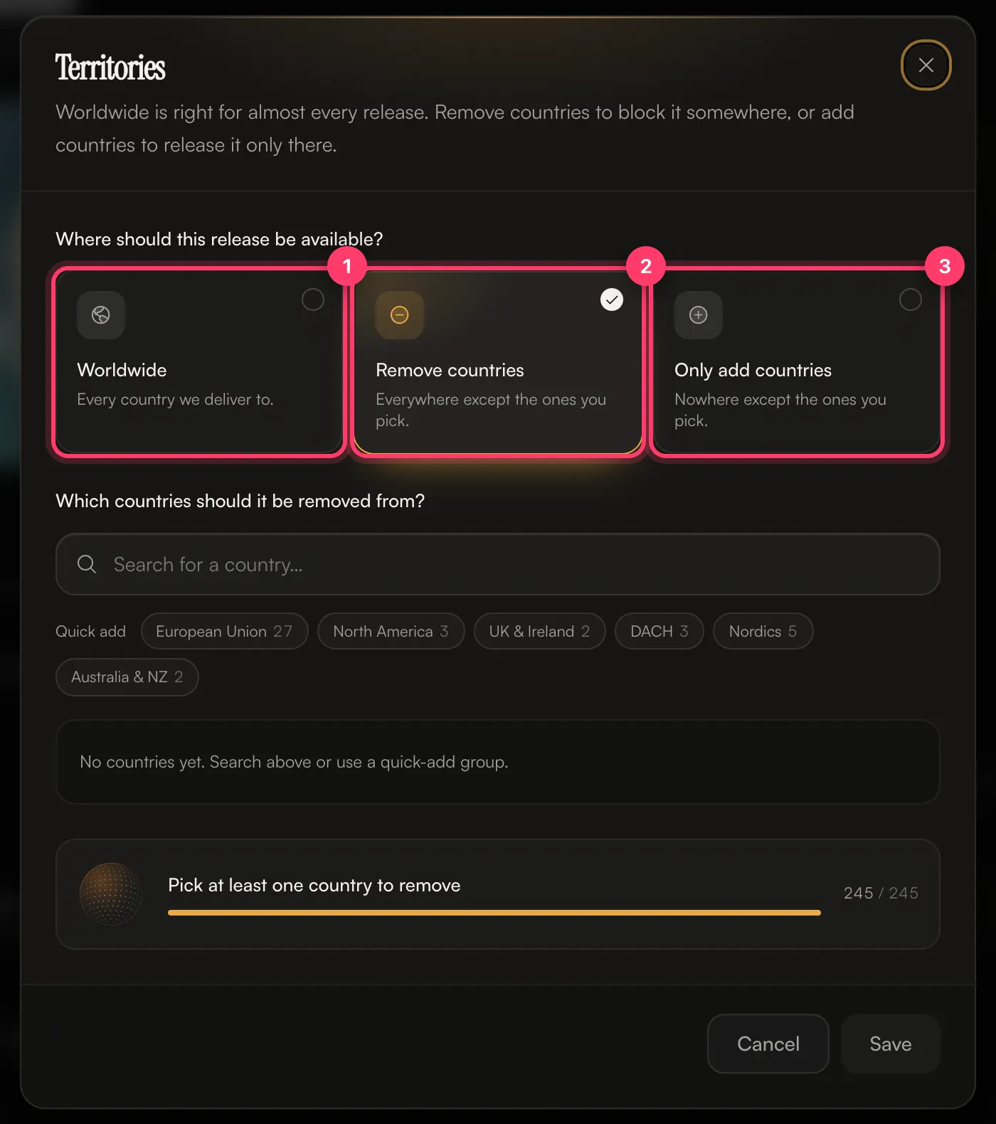 The Territories dialog with Worldwide, Remove countries and Only add countries