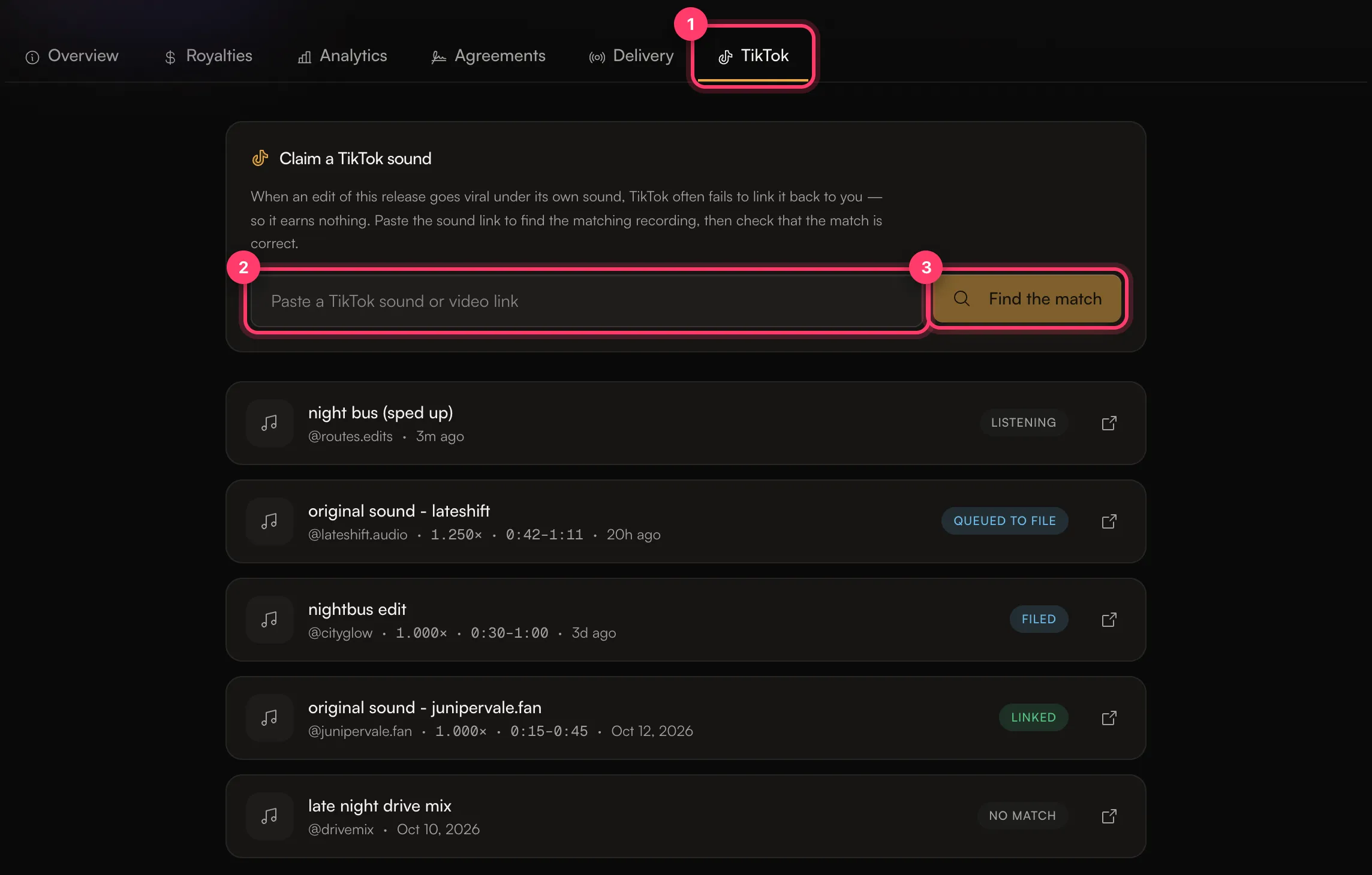 The TikTok tab with the link field, the Find the match button and a list of sounds with their statuses