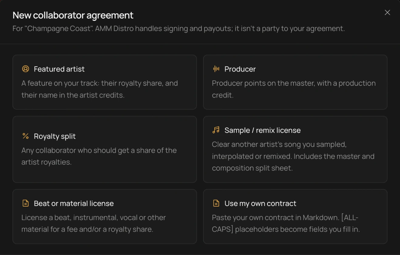 New collaborator agreement: featured artist, producer, royalty split, sample or remix license, beat or material license, or your own contract