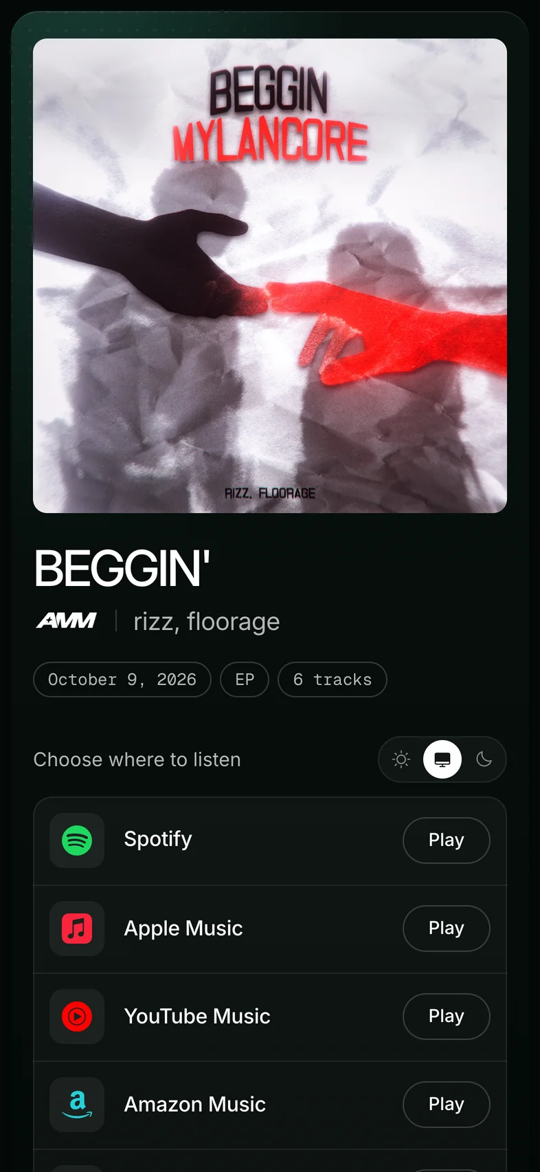 The anthm.link page for BEGGIN' by rizz and floorage on a phone: artwork, then Spotify, Apple Music, YouTube Music and Amazon Music
