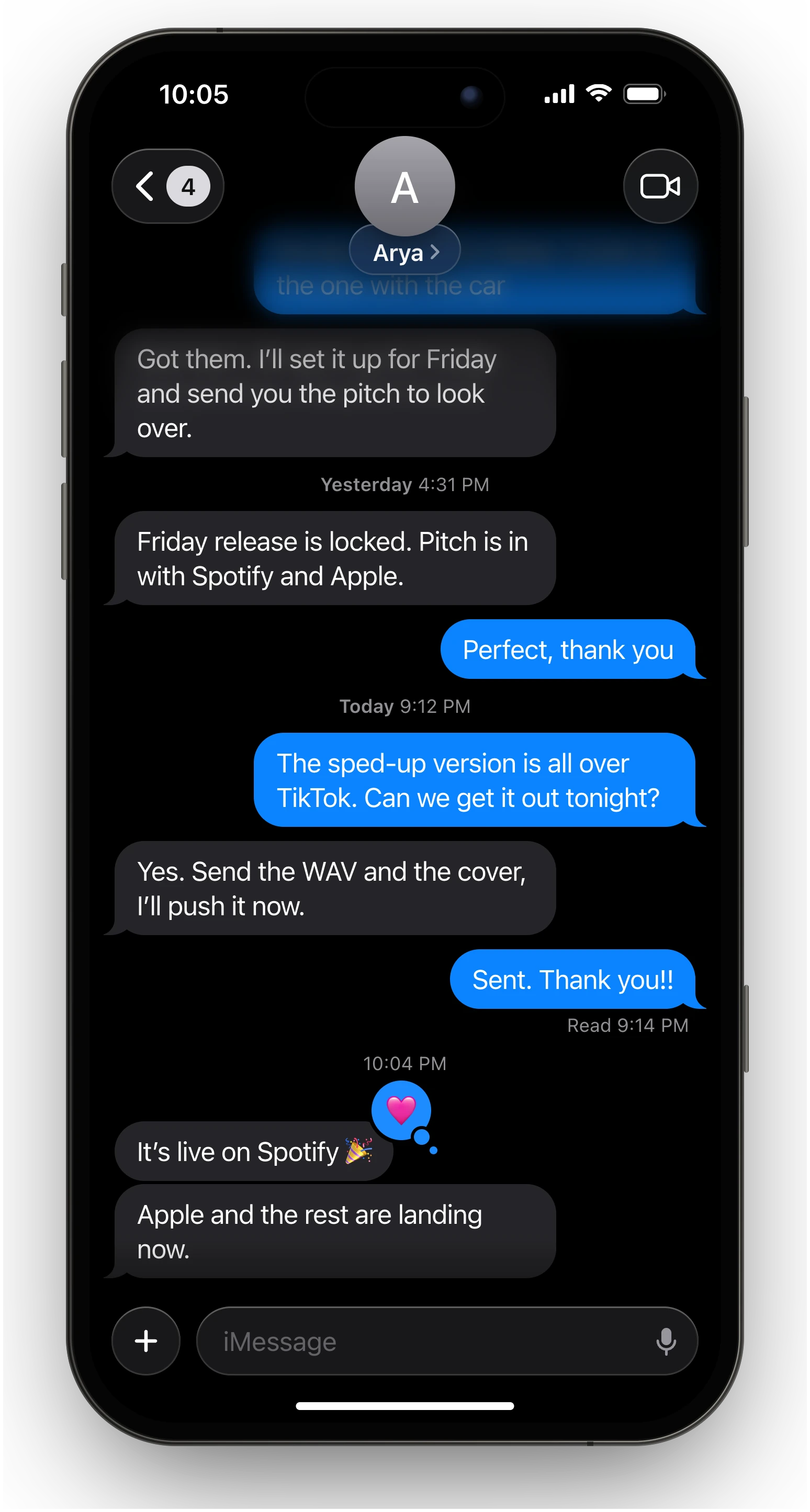 An iMessage thread with the client's AMM Distro manager: a rush release requested at 9:12 PM is live on Spotify by 10:04 PM