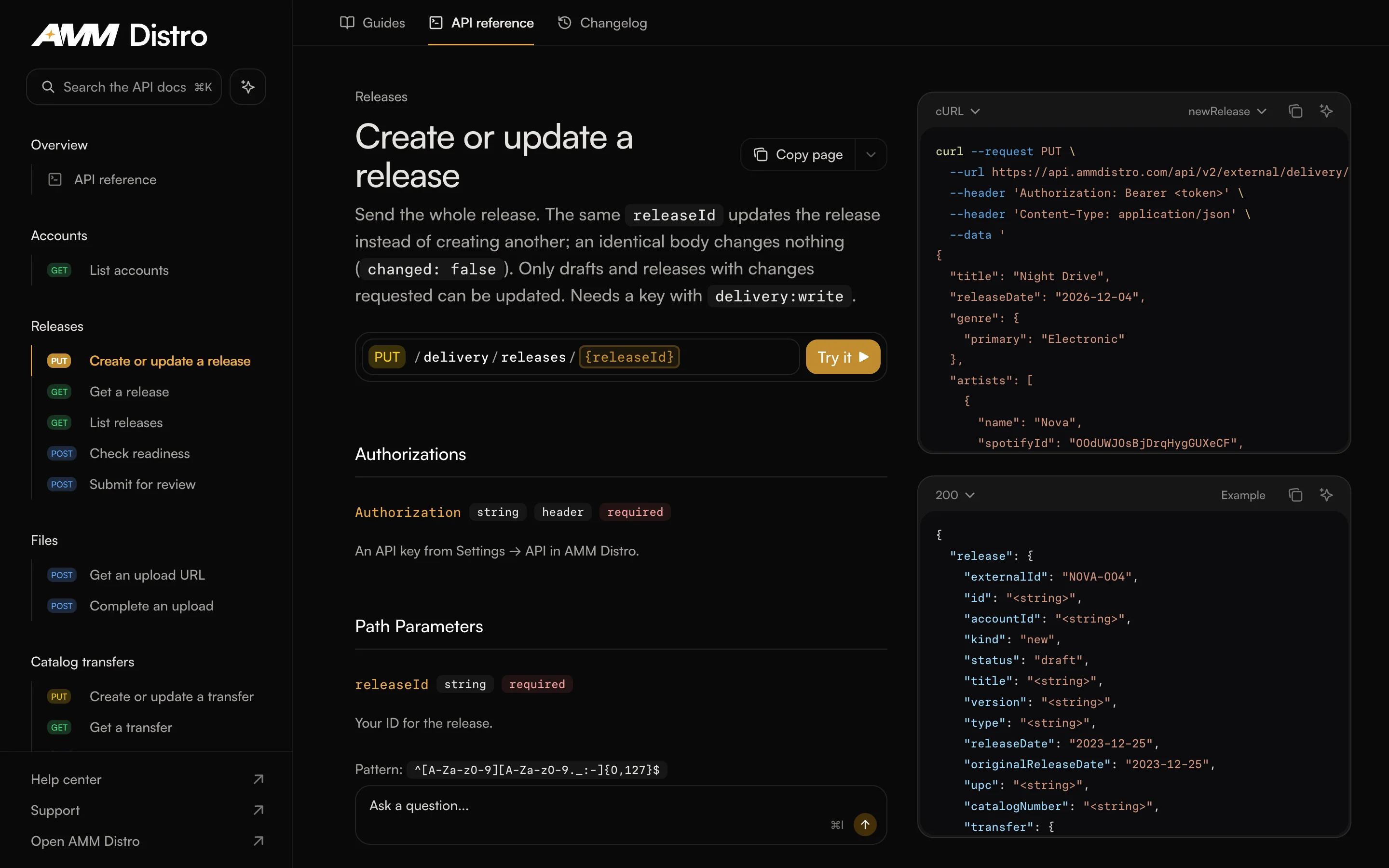 The AMM Distro API reference: Create or update a release, with a cURL example and the response
