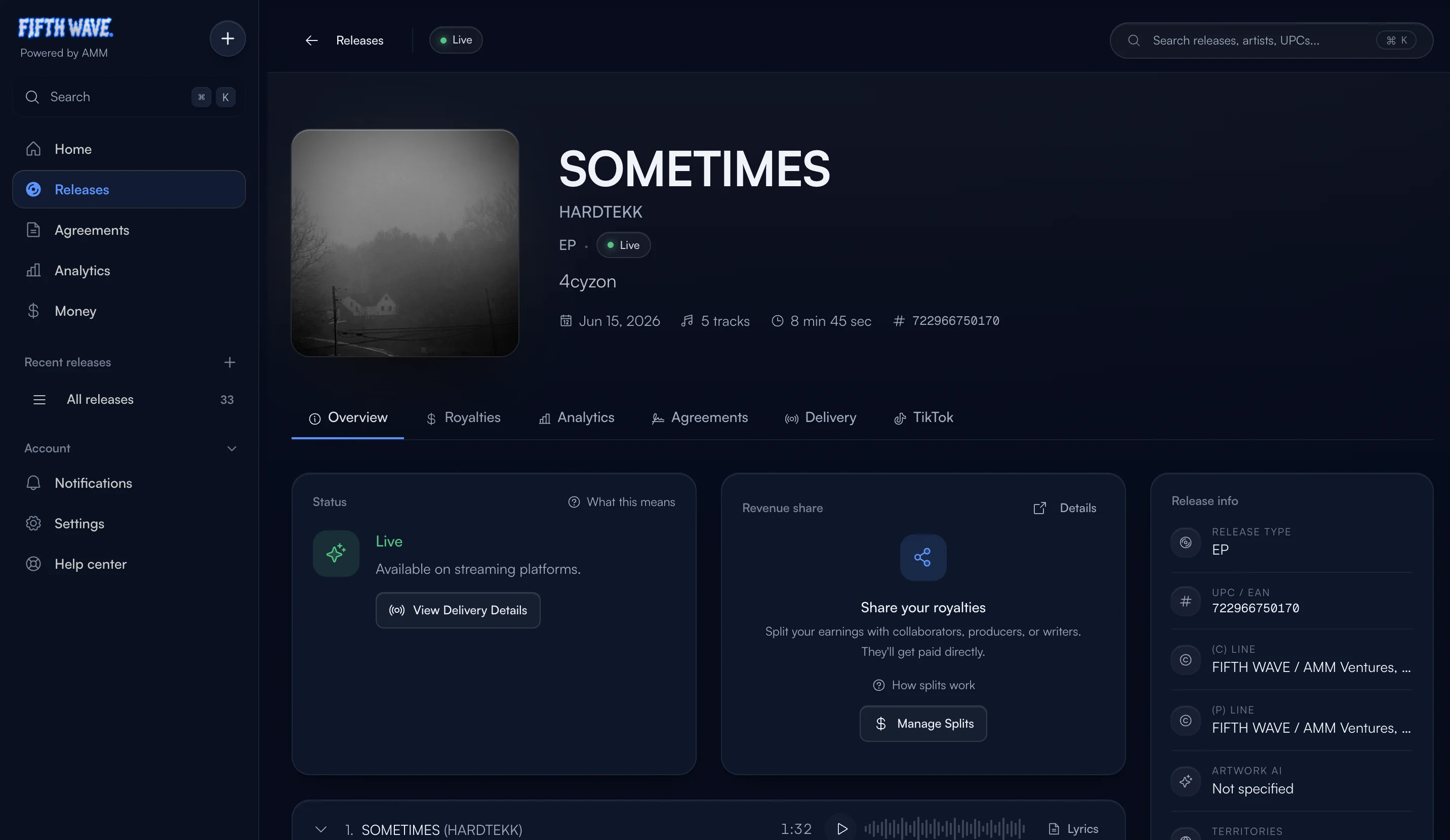 FIFTH WAVE's own dashboard on AMM Distro, showing the release SOMETIMES live on stores