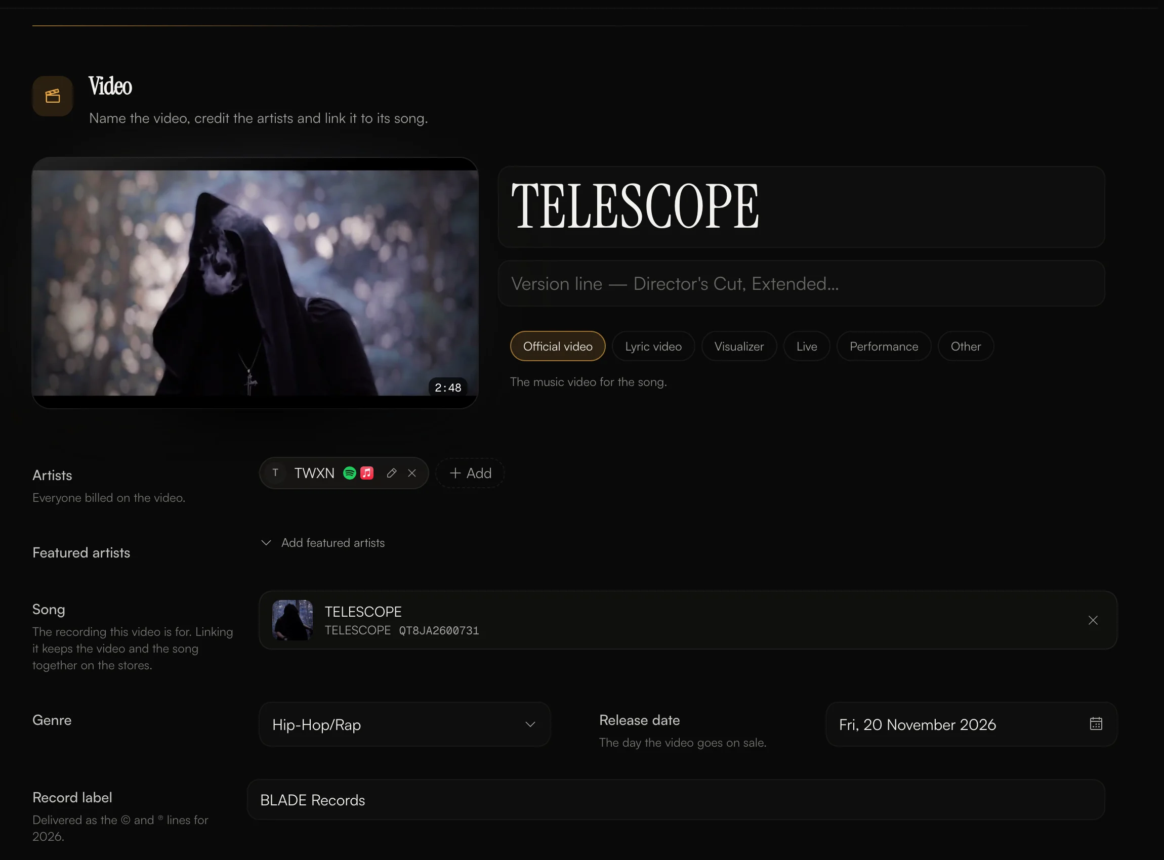 The AMM Distro music video builder: poster frame, title, video type, artist, linked song, genre and release date